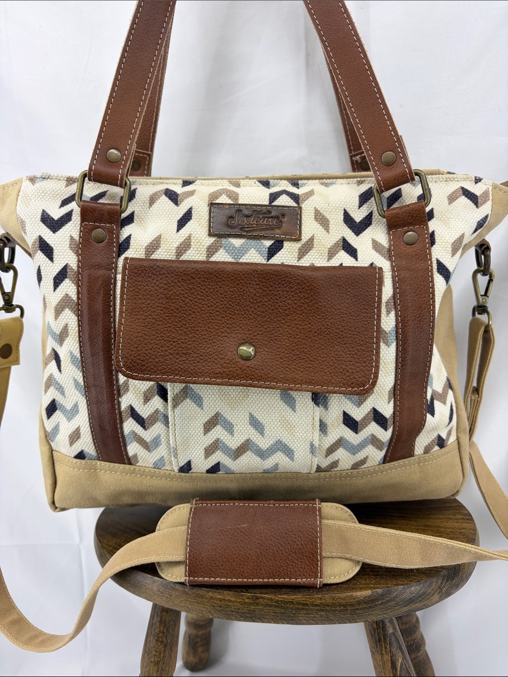 Sixtease Up-Cycled Canvas w/ Leather Trim Functional Tote Bag Laptop Chevrons